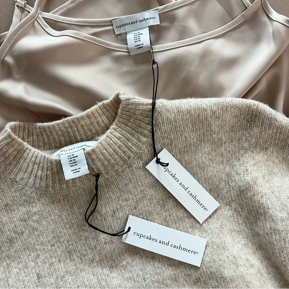 Cupcakes & Cashmere Pearl Sweater Satin Skirt Set Champagne Medium